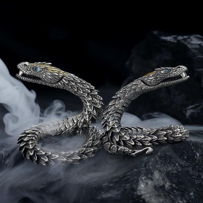 Black Snake Silver-Plated Bracelet For Men, High-End Niche Design, Unique Medusa Rattlesnake Hip-Hop Bold Style_voghion.com