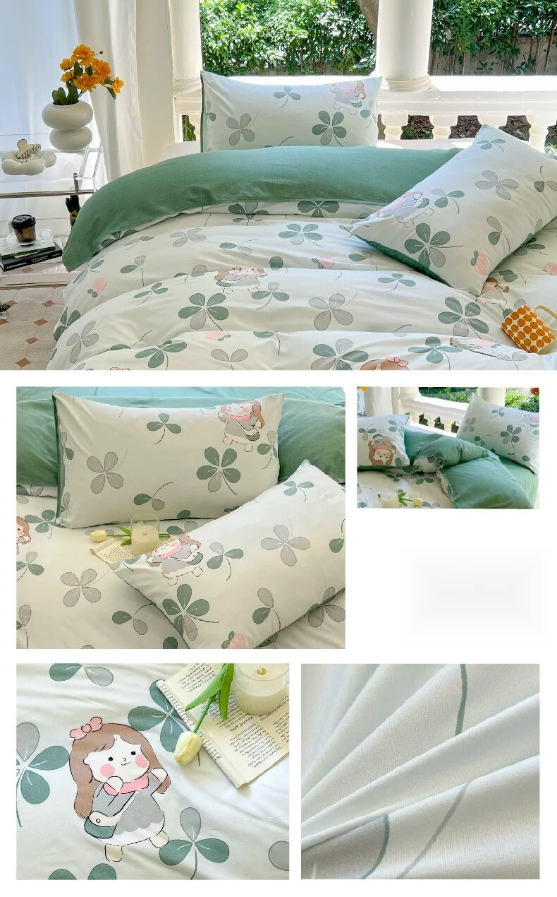 Pequeñas y frescas cuatro sábanas y fundas de edredón, dormitorio de estudiantes de primavera, tres juegos de ropa de cama de una sola pieza con dibujos animados_voghion.com