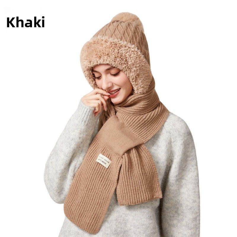 Neue gestrickte Herbst-Winter-Damen im koreanischen Stil mit süßem Plüsch, einteiliger, mit Fleece gefütterter, warmer Schal, Pullover, Mütze_voghion.com