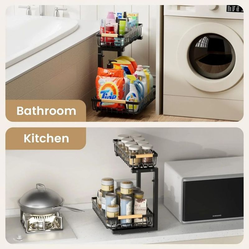 2 In Set Dish Drying Rack And Under Sink Organizer Rack, Large Dish Rack With Drainboard, 2 Tier Pull Out Cabinet Shelf For Kitchen Storage_voghion.com