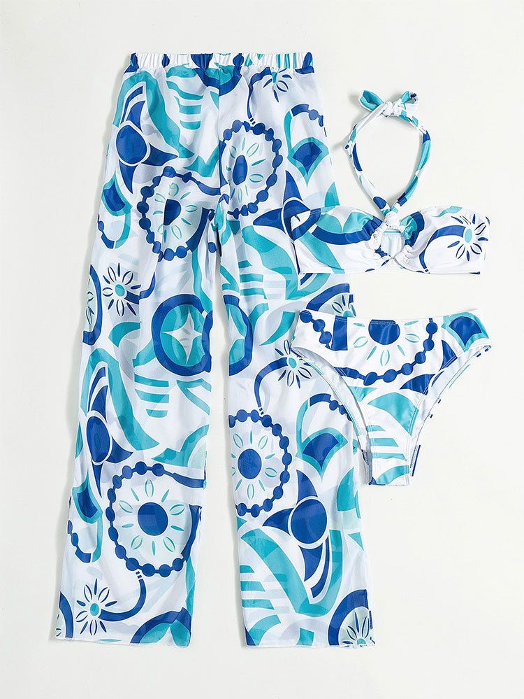 beach sexy printed halter neck three-piece set fashionable trousers swimsuit for women_voghion.com