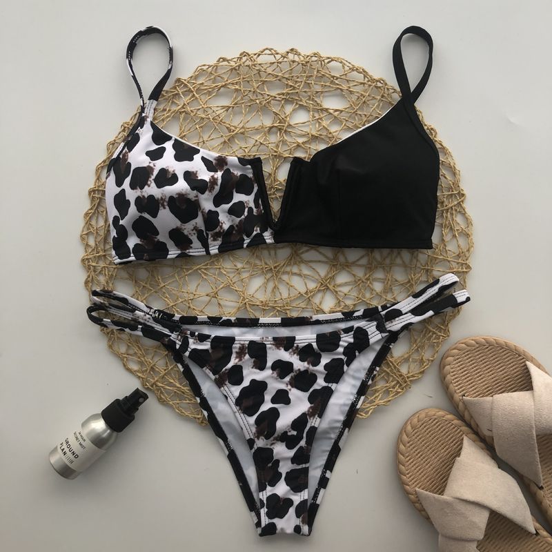 Women's black leopard print deep V steel support sexy split triangle bikini_voghion.com