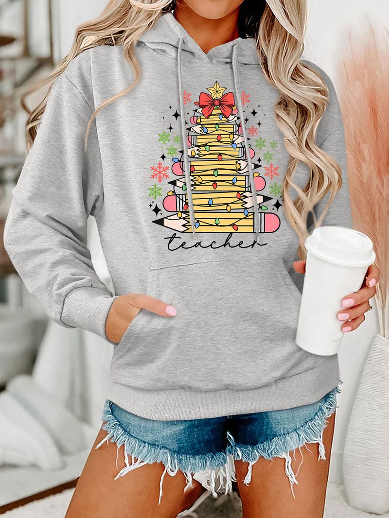 Autumn And Winter Loose Plus Size Fashion Teacher Pencil Light Bulb Women's Hooded Sweatshirt_voghion.com