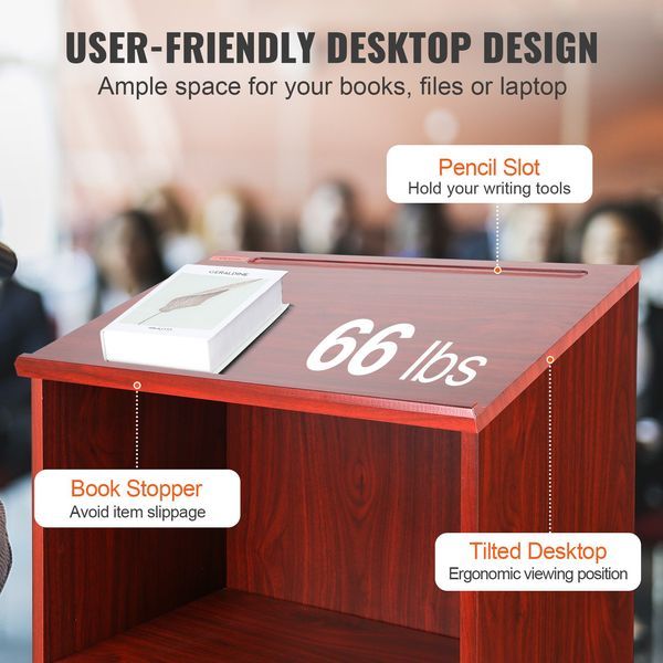 Podium Stand, 47 Inch Hostess Stand With 4 Rolling Wheels, Wood Podium With Storage Shelves And Slant Desktop, Lecterns & Podiums For Home, Off_voghion.com