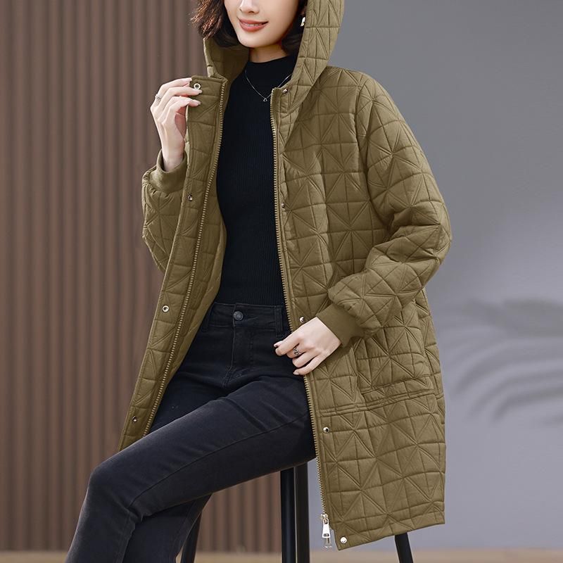 Damen Mittellanger Steppmantel Aus Baumwolle Mit Kapuze, 2024 Winter Übergröße Schlankheitsjacke Für Mütter Mittleren Alters_voghion.com