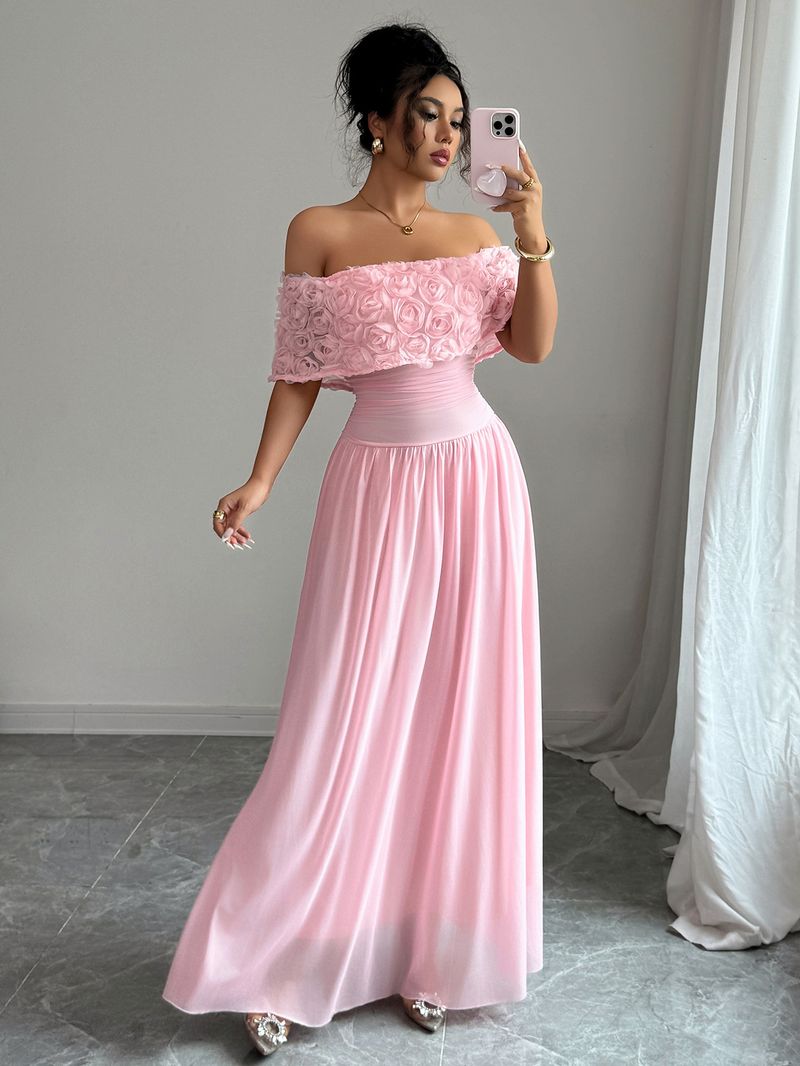 Elegante abito lungo senza spalline con stampa floreale - Abito in maglia a trapezio con vita alta per donna, comodo ed elegante_voghion.com