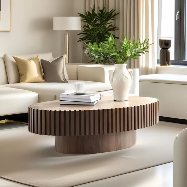 Modern Handcraft Drum Coffee Table Length 43.7 Inch Ellipse Coffee Table For Living Room,Oval Small Coffee Table With Sturdy Pedestal_voghion.com