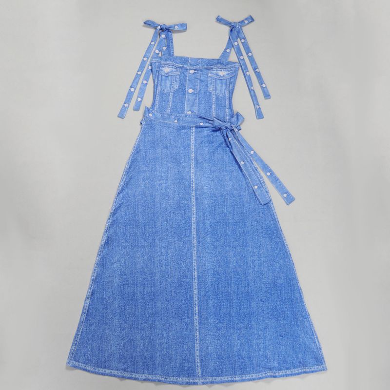 Traje de dos piezas con estampado de posicionamiento de mezclilla azul con hombros descubiertos sexy para mujer_voghion.com