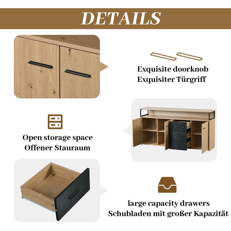 Buffet industriel trois portes et trois tiroirs, meuble de rangement multifonctionnel avec poignées en métal, armoire de cuisine, meuble de rangement pour chambre, salon et bureau, 150 x 35 x 75,9 cm_voghion.com