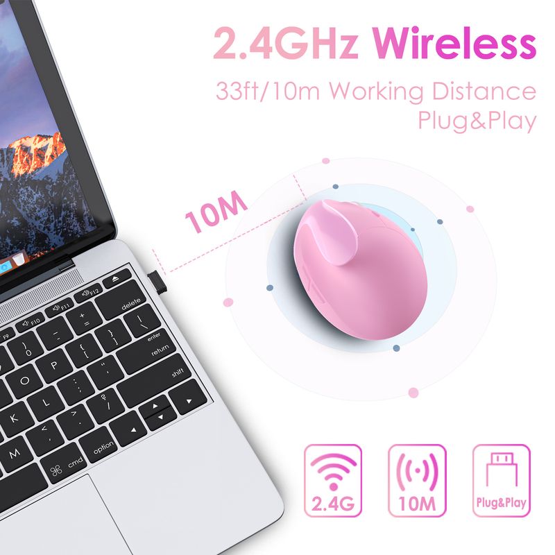 Mouse vertical ergonômico – sem fio 2.4G, 1600 DPI, programável com 6 teclas, recarregável/bateria, clique silencioso (preto/prata/rosa)_voghion.com