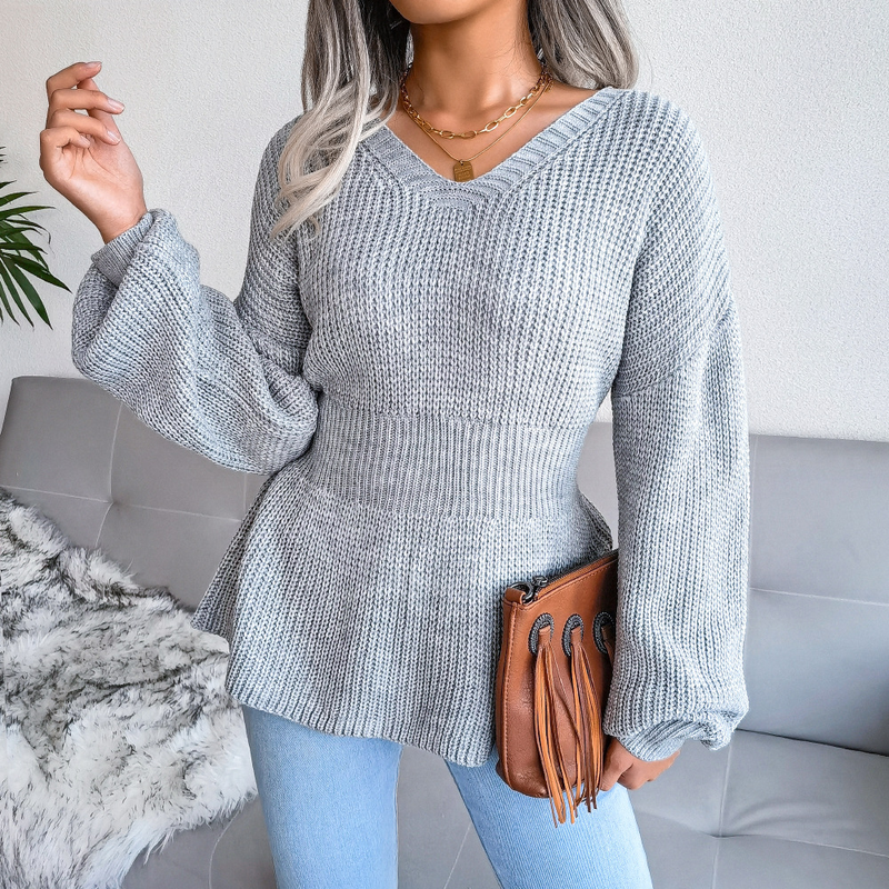Maglione lavorato a maglia con volant e orlo a coste, stile Ins, autunno inverno, abbigliamento da donna_voghion.com