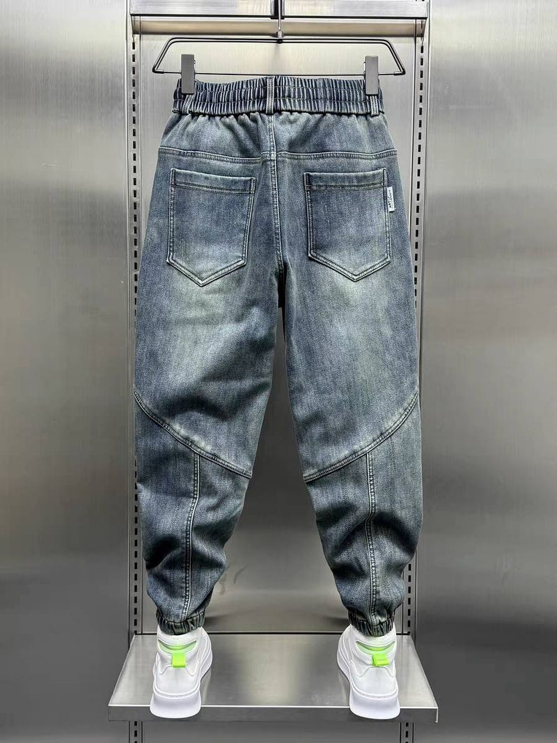Nostalgiske blå elastiske buksekant biker herrejeans bomullspolstrede hoftebukser til herre_voghion.com