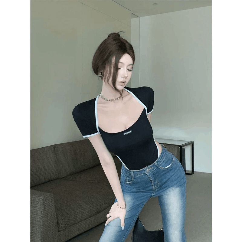 Pure Desire To Expose Collarbone Short Sleeved T-shirt Jumpsuit For Women's Summer New Style, Sexy And Spicy Girl Base,_voghion.com