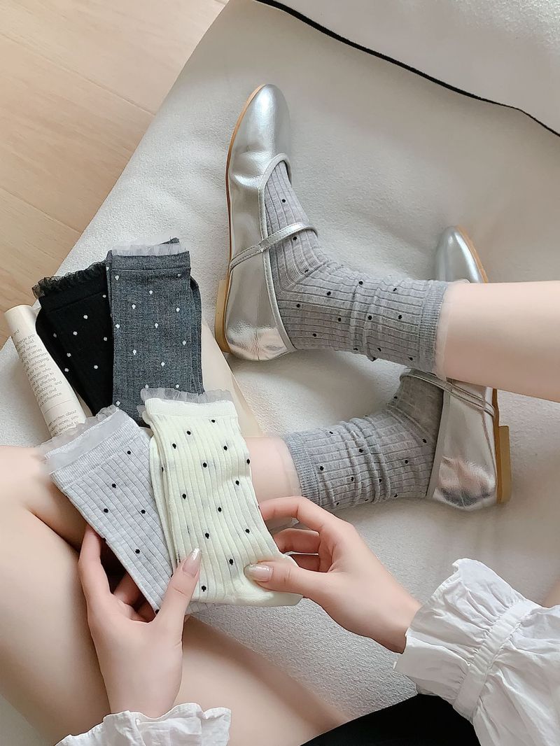 Calze estive da donna, sottili fino a metà polpaccio, a pois, versione coreana dei semplici calzini di cotone da donna_voghion.com
