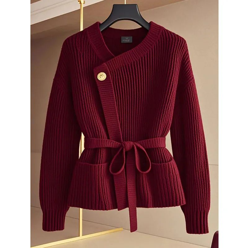 Dameskleding Trui met hoge taille Elegante herfst-winter gebreide trui met hoge taille Flatterende rokset - Rood & beige, Plus-maatopties_voghion.com