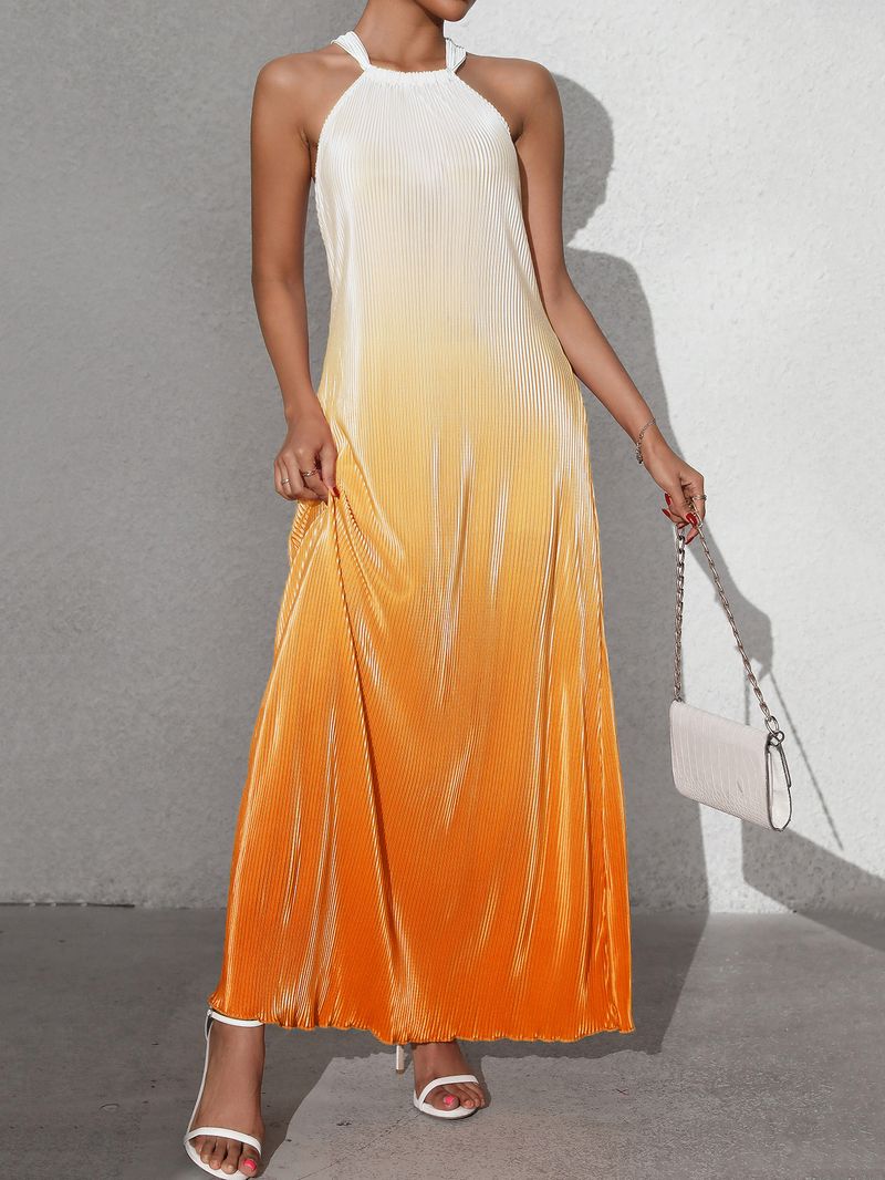 Abito sexy alla moda con scollo a V e schiena scoperta, gonna lunga a trapezio con bretelle senza maniche sfumate primaverili ed estive_voghion.com