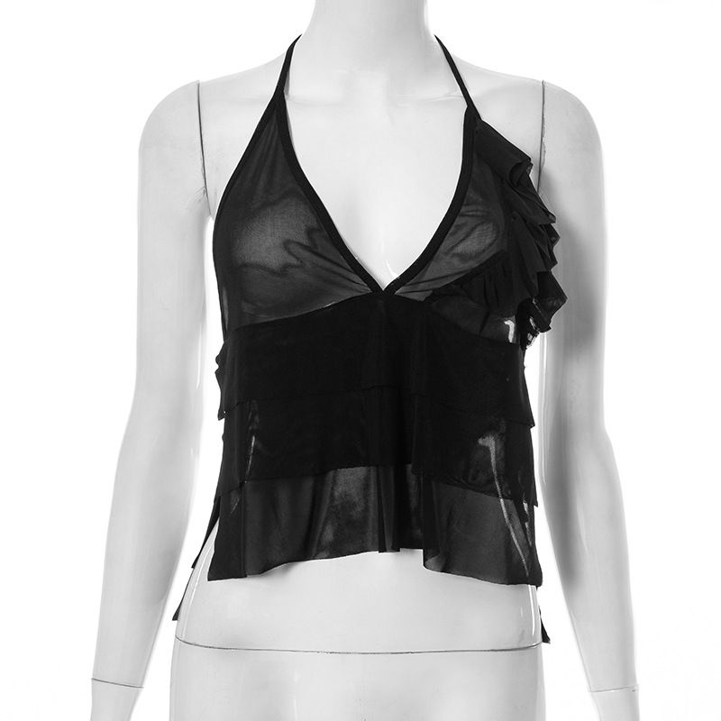 Q23TP310 Top corto sexy de malla negra con borde de madera para colgar el cuello y la parte superior del verano_voghion.com