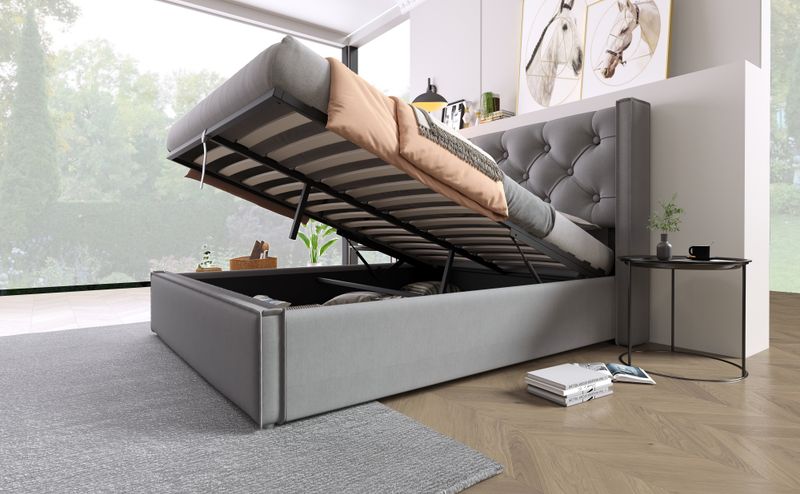Cadre de lit coffre hydraulique avec sommier à lattes, lit double rembourré moderne 140 x 200 cm, tissu coton, gris, structure en métal_voghion.com