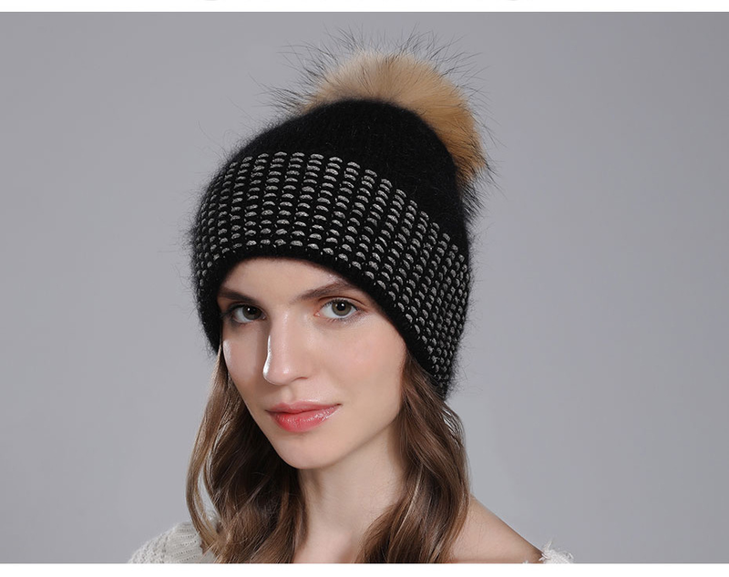 Echter Waschbärfellball für Damen, warm gestricktes Kaninchenhaar für Kinder, modische Wintermütze aus Wolle_voghion.com