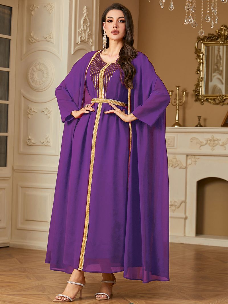 Vêtements pour femmes transfrontaliers du Moyen-Orient Robe arabe Mode paillettes broderie mousseline de soie deux pièces robe Europe et Amérique_voghion.com