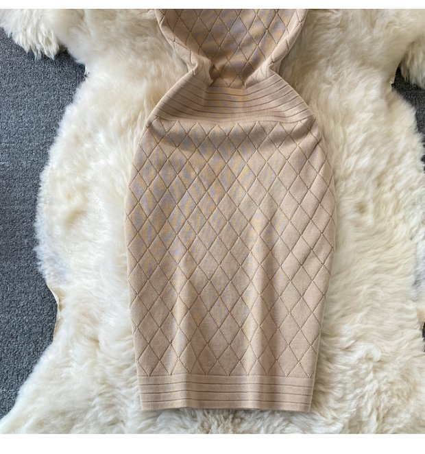 Damen Rundhals Ärmelloses Strick Neckholder Off-Shoulder Kleid Sexy Hüftbetontes Kurzrockkleid_voghion.com