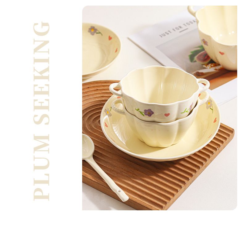 Wisteria Cream Style Ins Set Household Rice Ceramic Plate Double Ear Noodle Large Soup Bowl With Spoon_voghion.com