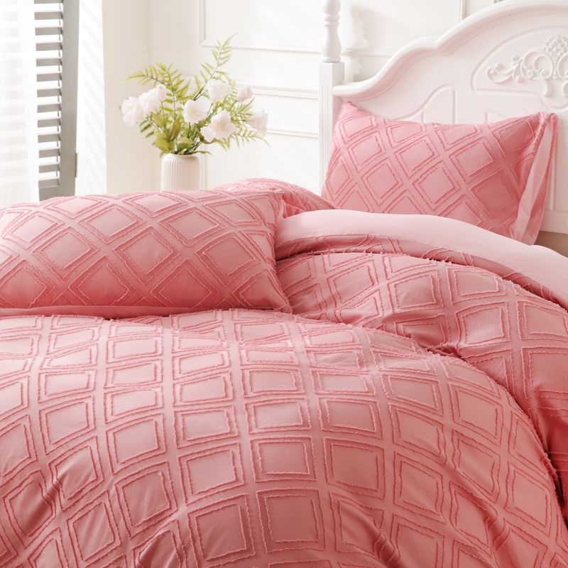 Tufted Wool Cut Flower Pink Diamond Geometric Quilt Cover Home Textile Bedding Three Piece Set_voghion.com