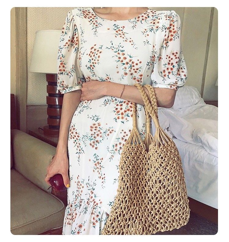 Borsa da donna a rete per pesci da spiaggia in rete per vacanze in erba francese intrecciata rossa con una spalla vuota per Instagram_voghion.com