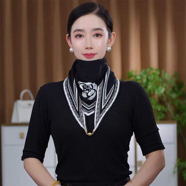 Autumn Winter New Fashionable Elegant Korean Style Versatile Knitted Camellia Color Block Magnetic Buckle Triangle Scarf_voghion.com