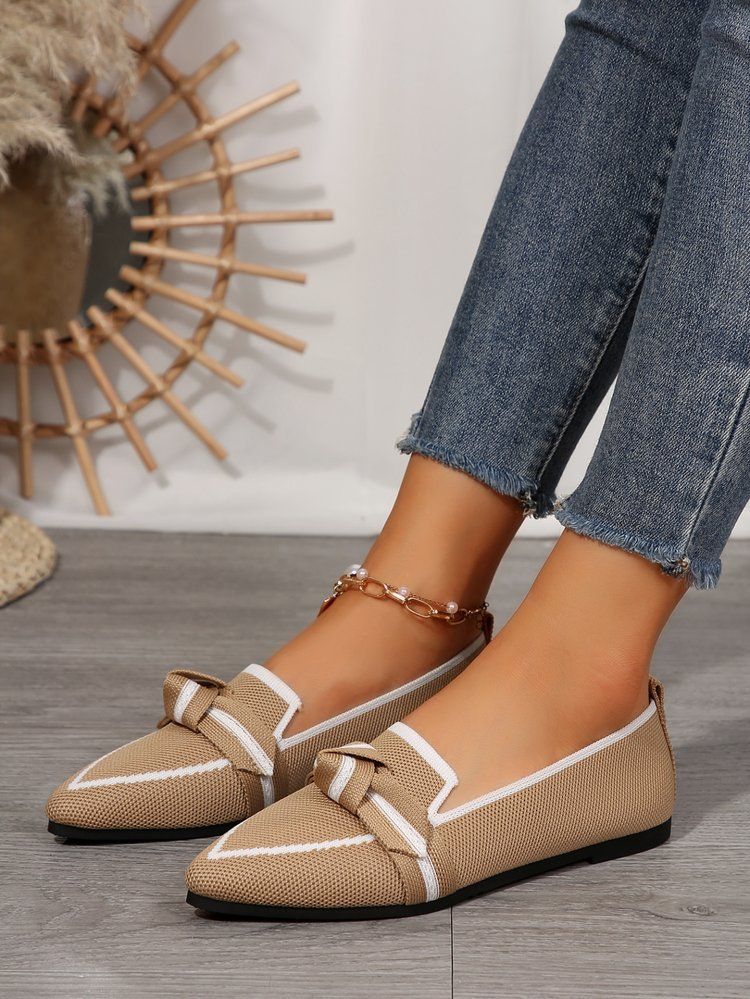 Slim Pointed Toe Plus Size Flat For Women 2025 Fashion Slip-On Bowknot Casual Breathable Color Block Shoes_voghion.com