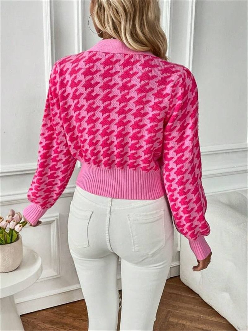 Dameskleding herfst en winter patroon lantaarn mouw gebreide cardigan trui korte jas_voghion.com