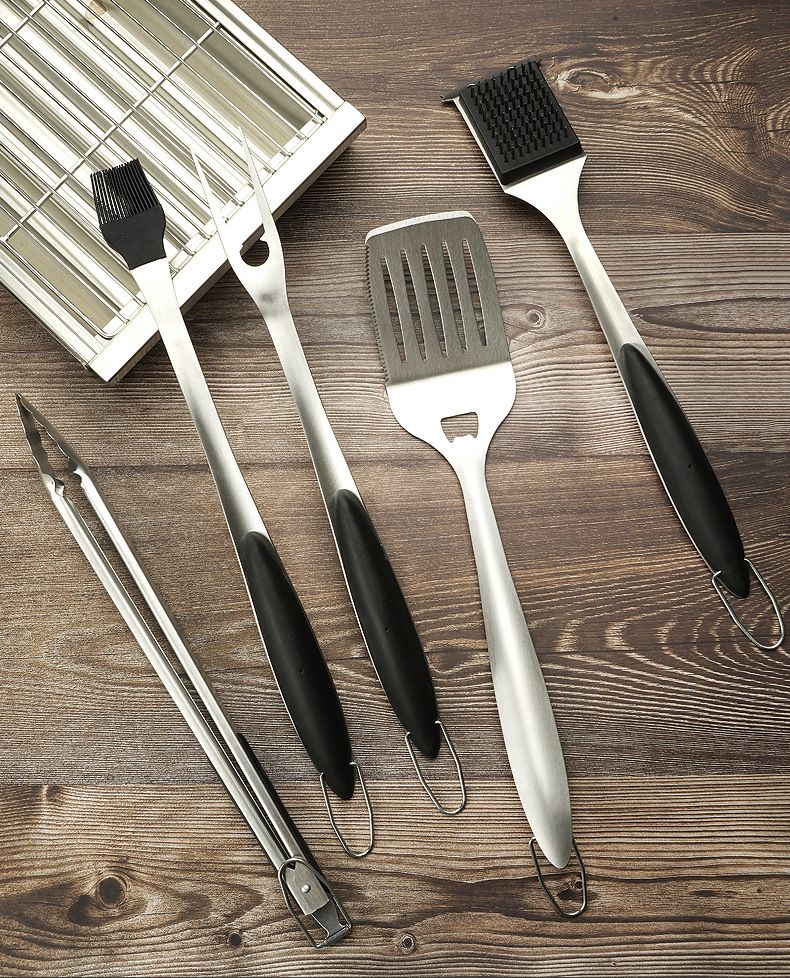 Set per barbecue da esterno, 5 pezzi, utensili per barbecue, forchetta, pala, clip, spazzola per la pulizia, utensili per barbecue in acciaio inossidabile._voghion.com