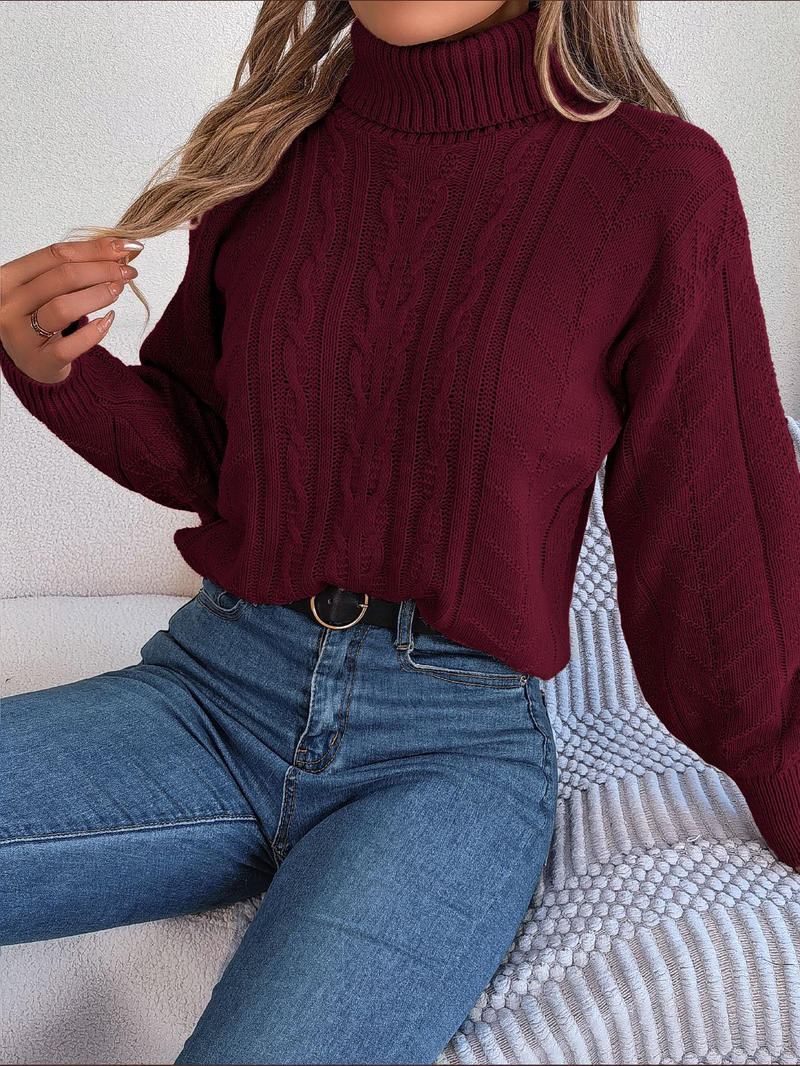 Maglione pullover a maniche lunghe in maglia a trecce con collo alto casual autunno inverno 2025 da donna_voghion.com