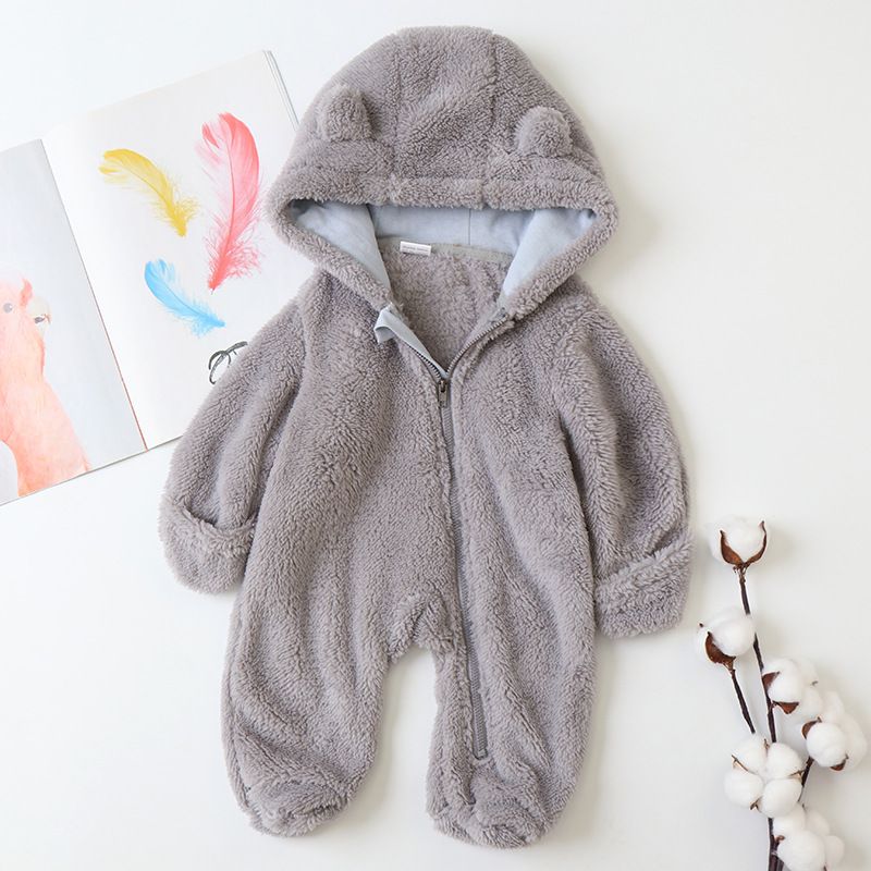 Soft Fleece Hooded Baby Jumpsuit With Mittens - Unisex Cartoon Style Infant Romper For Newborns - Cozy Zipper Closure, Long Sleeve, Neutral Colors_voghion.com