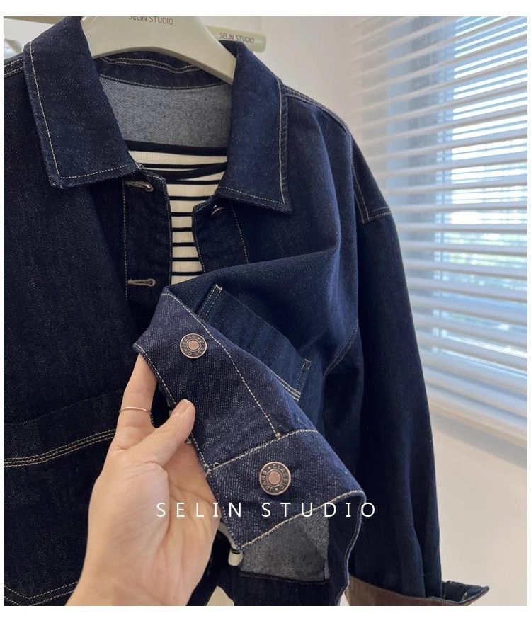 Giacca in denim oversize da donna - Stile boyfriend retrò, blu scuro, vestibilità comoda, cappotto casual unisex per l'autunno_voghion.com
