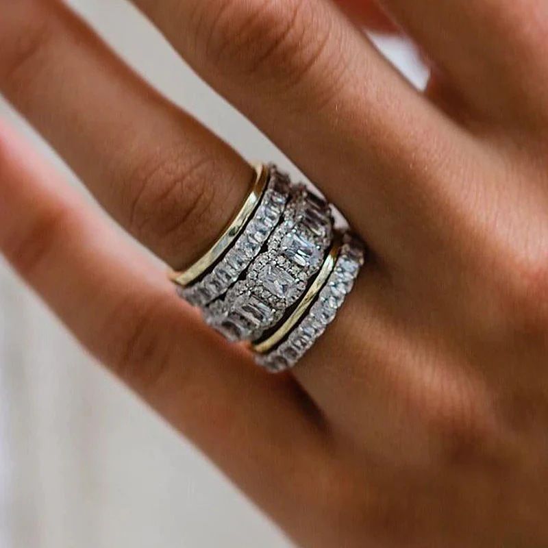 Hot Selling S Pure Silver Full Diamond Geometric Square Zircon Halo Combination Ring Set_voghion.com
