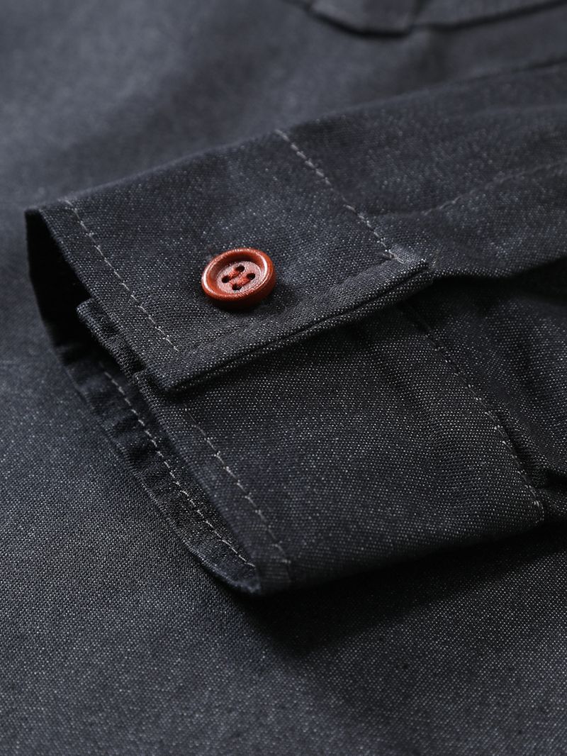 Herrenbekleidung Neue Herren Casual Denim Outdoor Workwear Langarmhemd Jugend Einfarbiges Hemd Herrenbekleidung_voghion.com