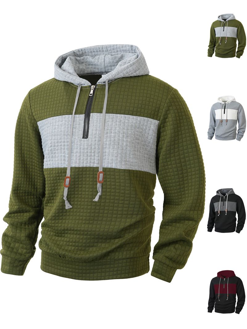 Felpa con cappuccio a quadri da uomo – Felpa casual a maniche lunghe con cerniera (S-XXXL, design a blocchi di colore)_voghion.com