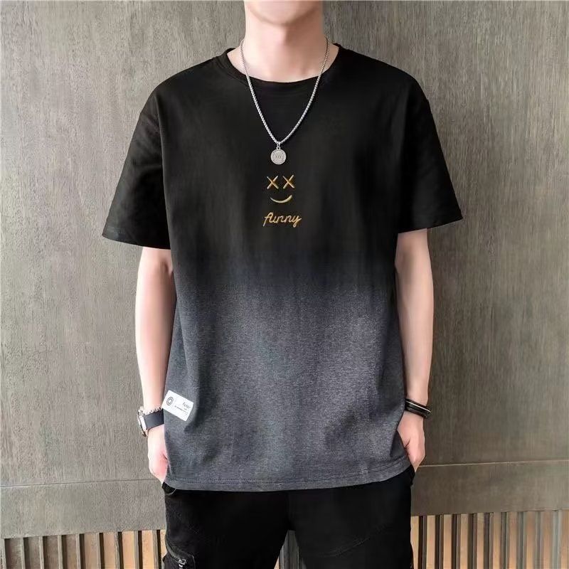 Camiseta de manga corta con cara sonriente en degradado para hombre, marca de moda de verano 2024, diseño de media manga, camiseta transpirable Sense_voghion.com