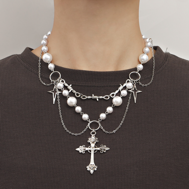 Kruis hanger parelketting gotische ster kwast choker hart kruisbeeld ketting zilveren kralen sieraden voor vrouwen en meisjes_voghion.com