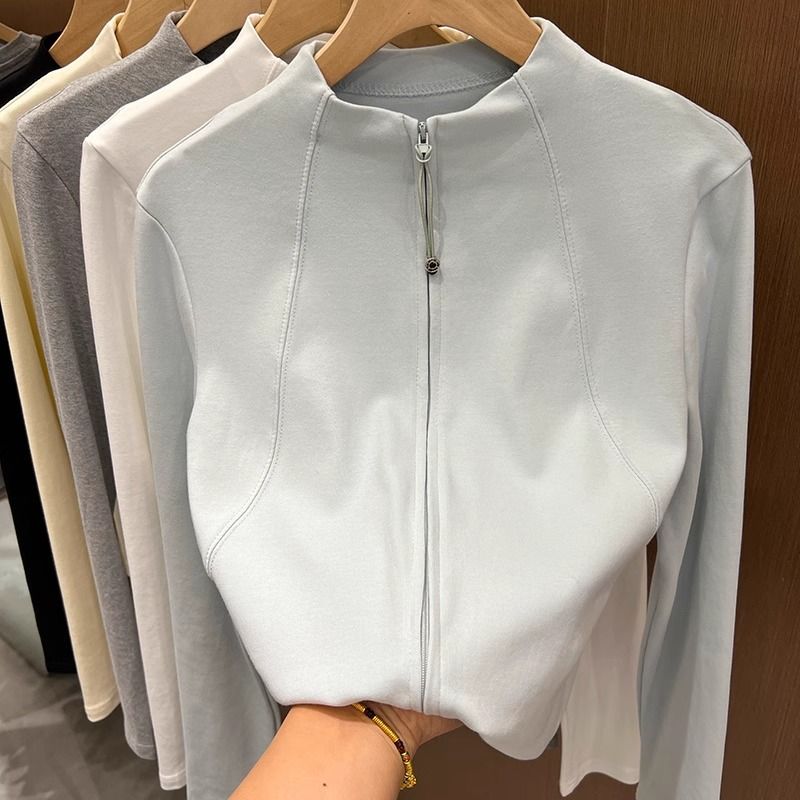 Top tunica alla moda con collo alto, maniche lunghe e cerniera per donna – Camicetta casual slim fit con design a doppia cerniera_voghion.com