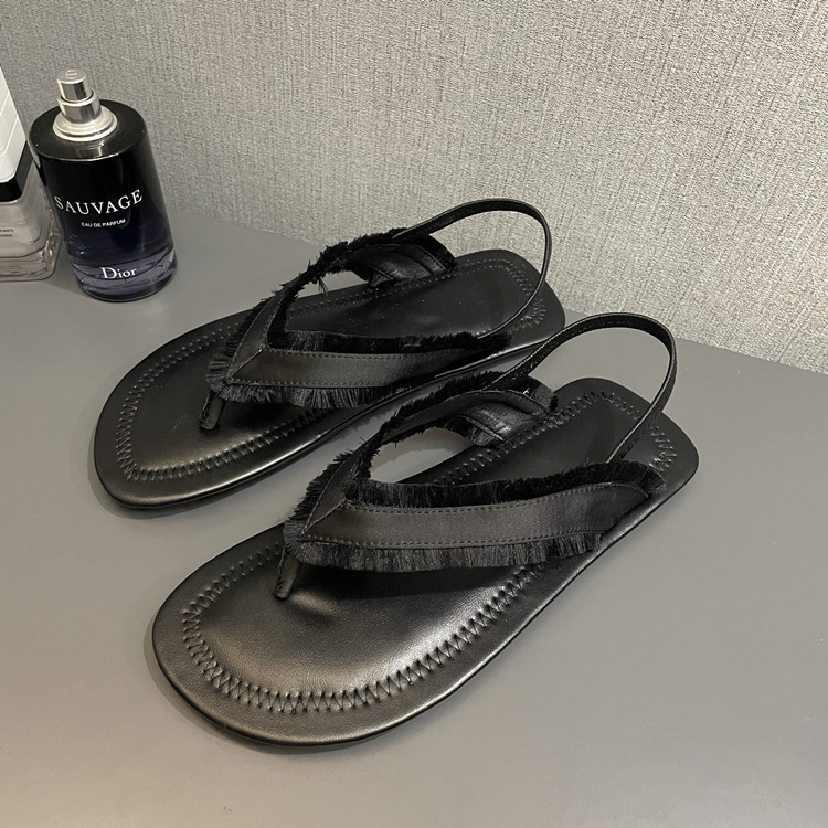 Fårskinnsversion ~ 2023 sommarnya flip-flop sandaler dam platta satin läder sandaler dam skor fiskbenshalvbricka_voghion.com