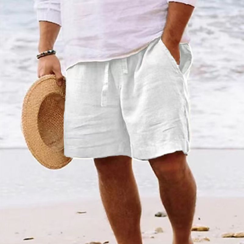 Pantalones cortos de algodón y lino para hombre, de verano, lisos, con cordón ajustable, cintura elástica y bolsillos, informales, para playa_voghion.com