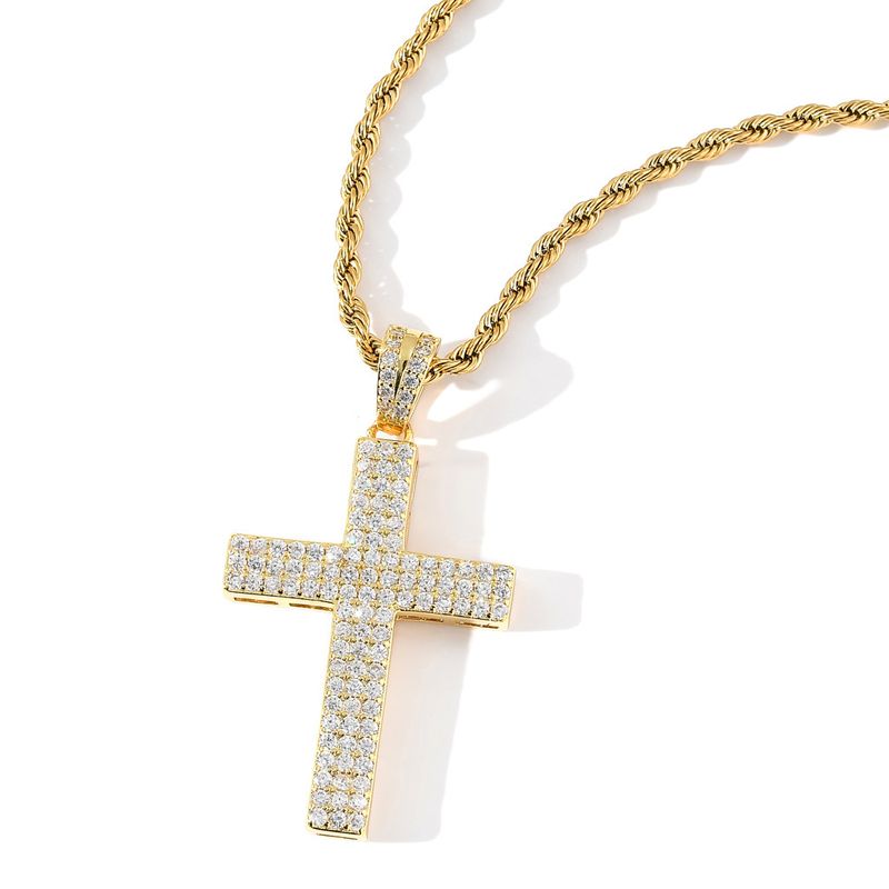 Collar con colgante de cruz de circonita de tres filas para hombre, estilo hip hop, accesorios populares de hip hop de moda para hombre._voghion.com