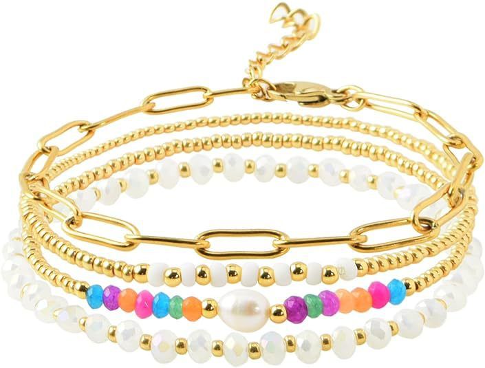 Gold Plated Paper Clip Bracelet Delicate Pearl Irregular Crystal Women's Bracelet Set_voghion.com