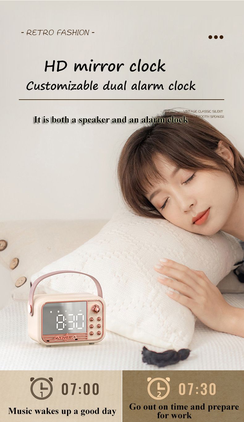 Altoparlante Bluetooth retrò con specchio LED, lettore musicale classico, suono stereo HIFI, con visualizzazione dell'ora, supporto per doppia sveglia_voghion.com
