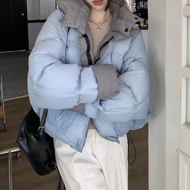 Piumino double face da donna, invernale 2025, nuovo stile coreano, con cappuccio, corto, color block, vestibilità ampia, in cotone petite_voghion.com