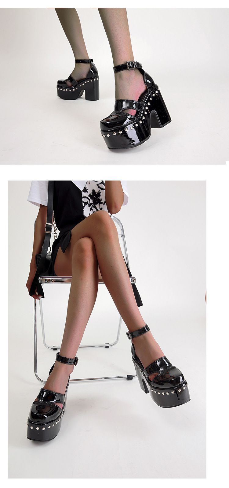 Thick-heeled platform thick-soled patent leather covered hollow sandals_voghion.com