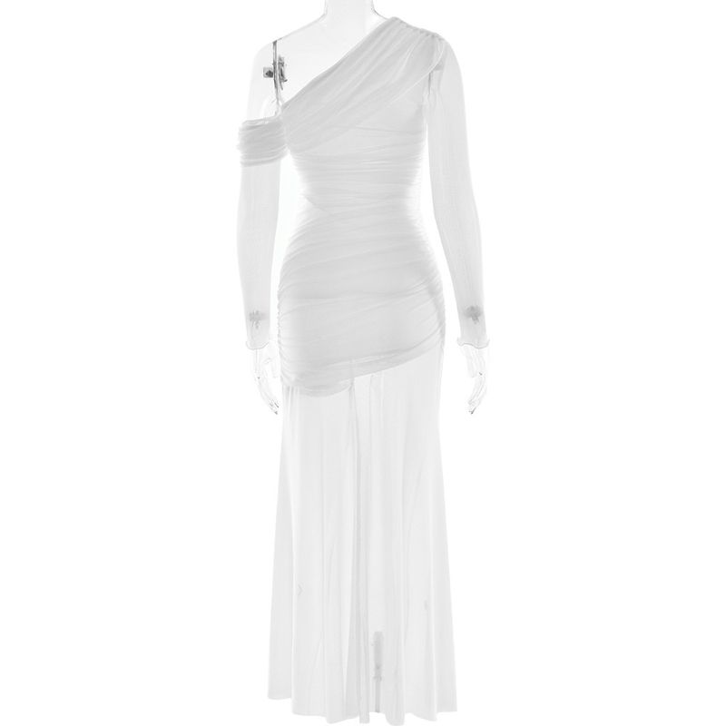 Abito lungo con volant in rete e spalle scoperte – Elegante abito aderente a maniche lunghe con pannelli trasparenti (S/M/L) – Trendy e femminile_voghion.com