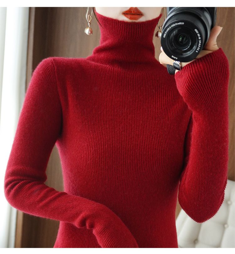 Abbigliamento da donna Autunno e inverno Maglione lavorato a maglia a maniche lunghe con colletto in pile da donna Maglione interno da donna Maglione aderente a fondo sottile_voghion.com